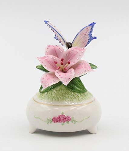 Fine Porcelain Butterfly with Stargazer Lily Musical Box Figurine 5 H