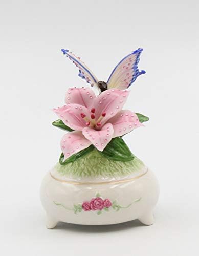 Fine Porcelain Butterfly with Stargazer Lily Musical Box Figurine 5 H