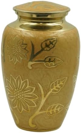 Eternity Cream and Gold Brass Vase Urn with Engraved Gold Leaf Sprigs