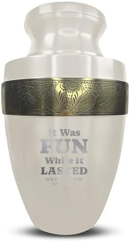 Custom Adult Cremation Urn with Personalized Engraving Elite Dark Humor Series 200 Lbs Capacity White with Gold Rim
