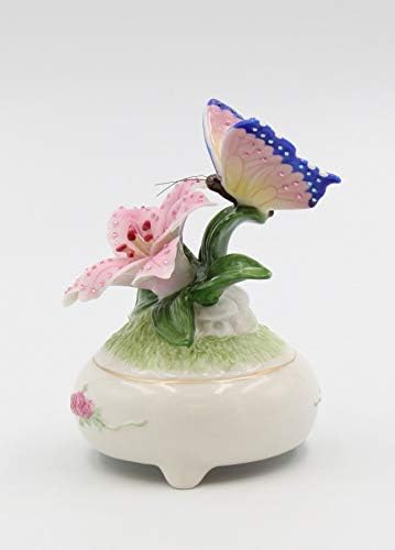 Fine Porcelain Butterfly with Stargazer Lily Musical Box Figurine 5 H