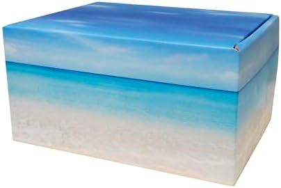 Seashore Themed TSA Approved Travel Cremation Urn Kit - Blue Plastic Urn with Seascape Mailing Box