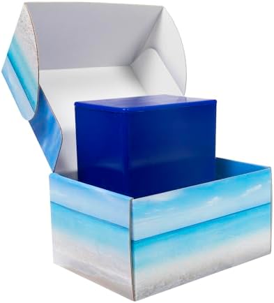 Seashore Themed TSA Approved Travel Cremation Urn Kit - Blue Plastic Urn with Seascape Mailing Box