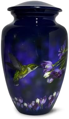 Beautiful Cremation Urns for Adult Human Ashes - Handcrafted Decorative Urn with Hummingbird Design - Blue - Large