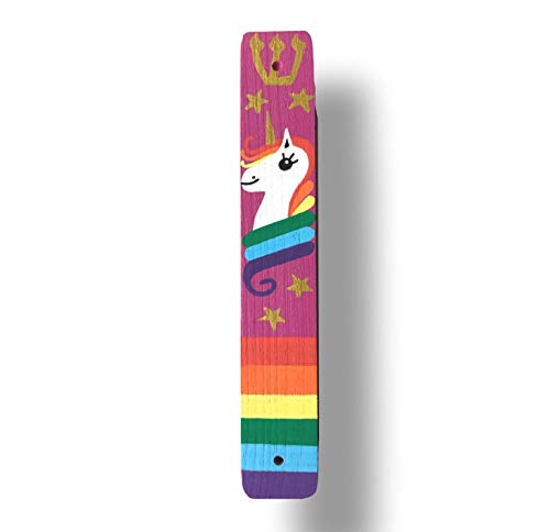 Lea Joelle Unicorn Mezuzah with Rainbow and Stars - Handmade Scroll Case Dark Pink