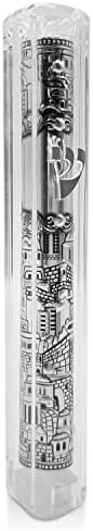 Jerusalem Clear Mezuzah Case with Scroll Silver Ornament