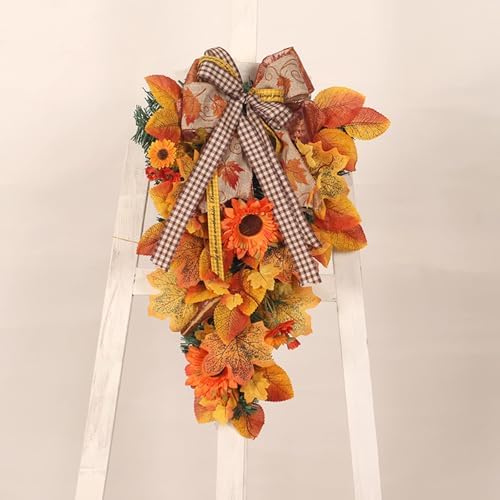 Artificial Fall Teardrop Wreath with Sunflowers and Bows