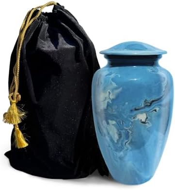 Cremation Urn for Human Ashes - Decorative Blue Marble Aluminum Urn with Velvet Bag