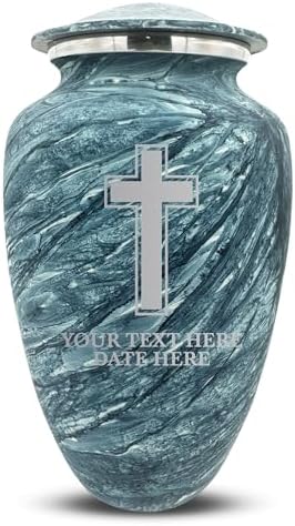 Custom Large Cremation Urn with Name and Memorial Cross - 200 Cubic Inch Blue Urn