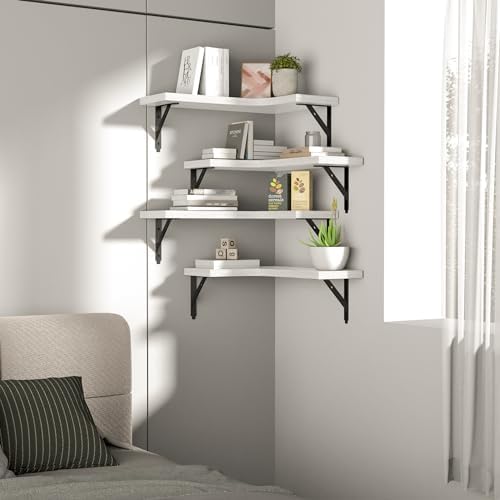 Corner Floating Shelves Set of 4 White Rustic Wood Storage Display Wall Shelves