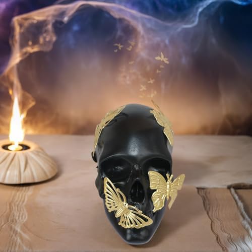 Black Skull Statue with Gold Butterfly Halloween Decor Collectible Figurine