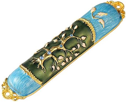 Hand Painted Enamel Mezuzah with Tree of Life Design and Gold Accents