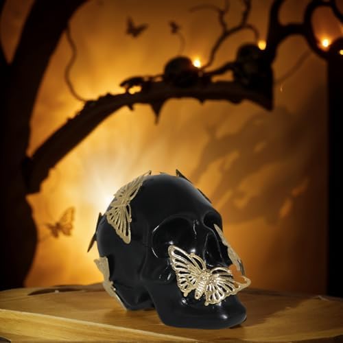 Black Skull Statue with Gold Butterfly Halloween Decor Collectible Figurine