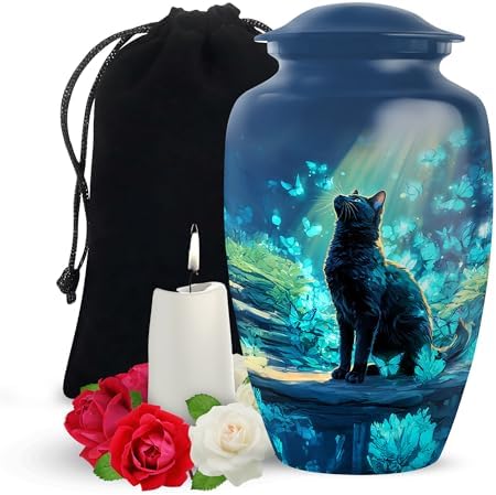 Yatskia 10 Inch Blue Butterfly Cat Cremation Urn for Adult Ashes
