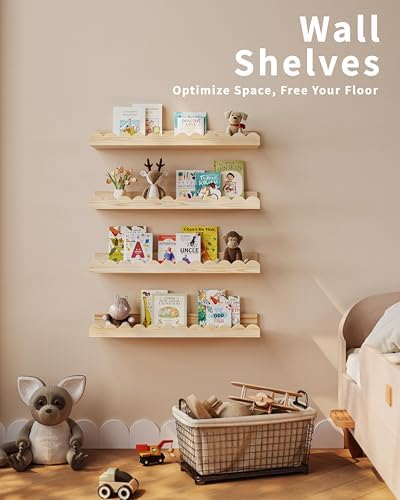 Shario 4-Pack Floating Wood Book Shelves for Kids