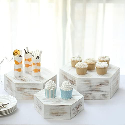 Tableclothsfactory Set of 3 Whitewashed Hexagonal Wooden Dessert Holder Display Boxes Stackable Riser Cake Stand