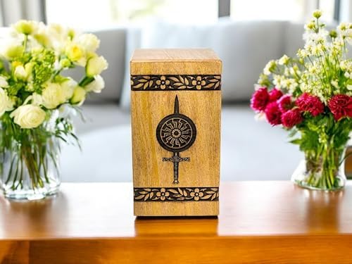 Handcrafted Wooden Cremation Urn with Warrior Engraved Design