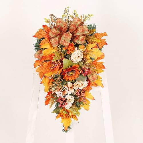 Artificial Fall Teardrop Swag Wreath for Front Door