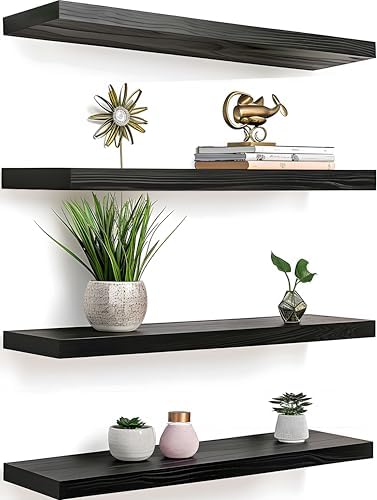 Black Wood Floating Shelves Set of 4 for Wall Rustic Bedroom Living Room