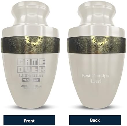 Personalized Gaming Urn with Custom Name and Date 200 Lbs Capacity Gold Rim Design White Color Game Over 3