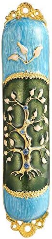 Hand Painted Enamel Mezuzah with Tree of Life Design and Gold Accents
