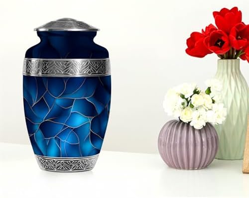 Blue Urn for Human Ashes - Extra Large Cremation Urn with Velvet Bag