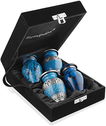 Reminded Mini Cremation Urns Set of 4 Blue Silver with Velvet Case