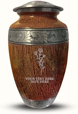 Personalized Cremation Urn for Ashes - Distressed Silver Inlay 200 Cubic Inch Floral Design Memorial Urn for Men Women