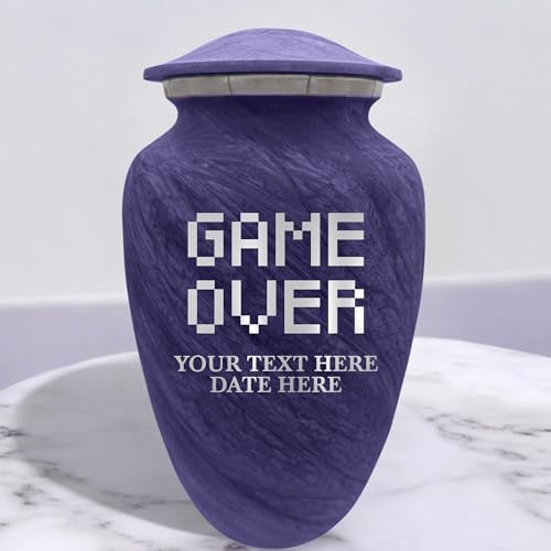 Custom Large Cremation Urn for Ashes - Personalized with Name Game Over Pixel Design 200 Cubic Inch Purple