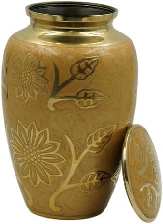 Eternity Cream and Gold Brass Vase Urn with Engraved Gold Leaf Sprigs