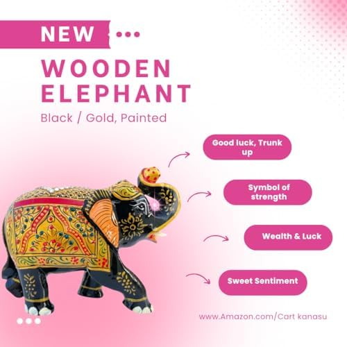 Handcrafted Wooden Elephant Statue with Gold and Gemstone Accents