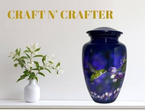 Beautiful Cremation Urns for Adult Human Ashes - Handcrafted Decorative Urn with Hummingbird Design - Blue - Large