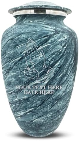 Custom Large Adult Cremation Urn with Name and Praying Hands Design - 200 Cubic Inch Blue Urn