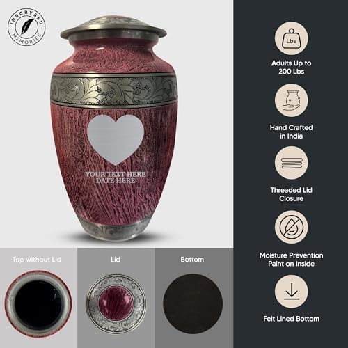 Personalized Distressed Silver Urn for Ashes - Heart Design Cremation Vessel Elevate Collection 200 Cubic Inch