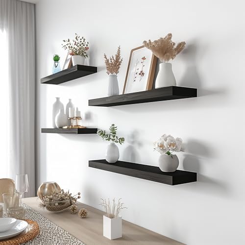 Black Wood Floating Shelves Set of 4 for Wall Rustic Bedroom Living Room