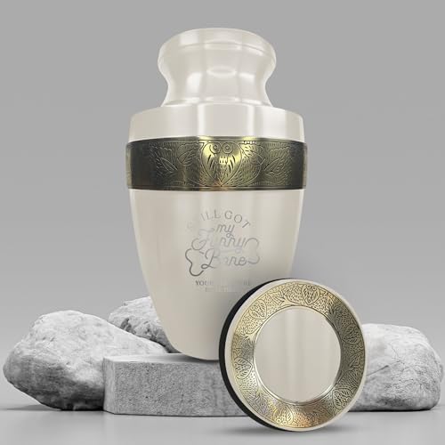 Custom Adult Cremation Urn with Humor Engraving and Gold Rim 200 Lbs Funny Bones 1 White