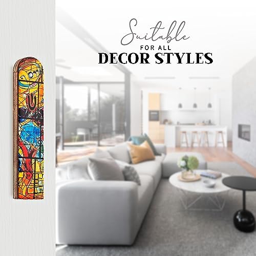 SURI Wooden Mezuzah with Yellow Design Contemporary 5 Door Scroll Holder