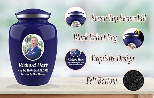 Personalized Photo Cremation Urn with Engraving and Velvet Bag Blue