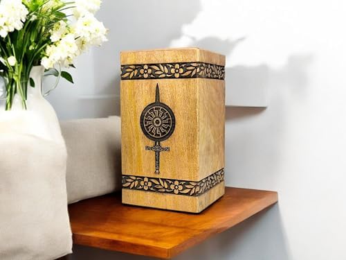 Handcrafted Wooden Cremation Urn with Warrior Engraved Design