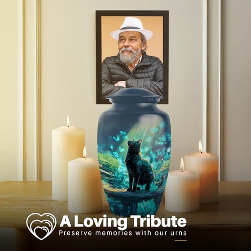 Yatskia 10 Inch Blue Butterfly Cat Cremation Urn for Adult Ashes