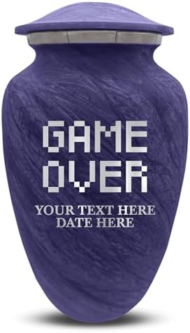 Custom Large Cremation Urn for Ashes - Personalized with Name Game Over Pixel Design 200 Cubic Inch Purple