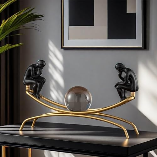 FUNSXBUG The Thinker Statue with Crystal Ball Collectible Figurine Home Decor Black