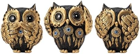 Set of 3 See No Evil Owl Figurines Vintage Black and Gold Design