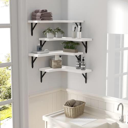 Corner Floating Shelves Set of 4 White Rustic Wood Storage Display Wall Shelves