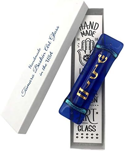 Tamara Baskin Art Glass Shalom Mezuzah Midnight Blue