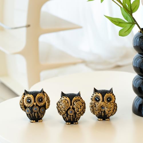 Set of 3 See No Evil Owl Figurines Vintage Black and Gold Design