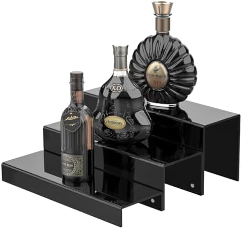 3 Tiers Bar Shelves for Liquor Bottles 15 Black Acrylic Risers Display Racks Stands for Collectibles
