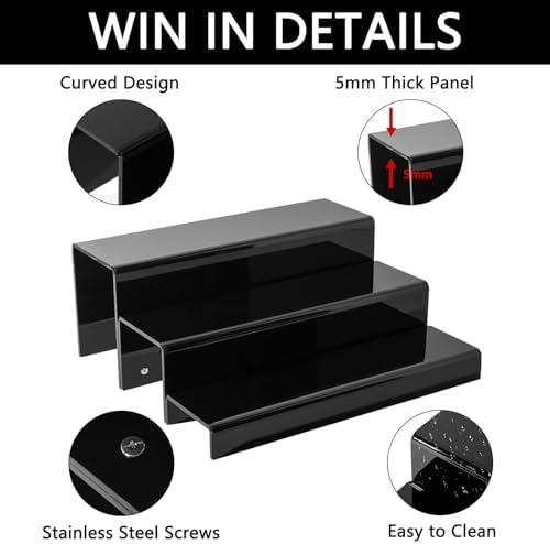 3 Tiers Bar Shelves for Liquor Bottles 15 Black Acrylic Risers Display Racks Stands for Collectibles