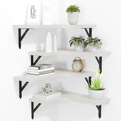 Corner Floating Shelves Set of 4 White Rustic Wood Storage Display Wall Shelves