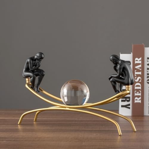FUNSXBUG The Thinker Statue with Crystal Ball Collectible Figurine Home Decor Black